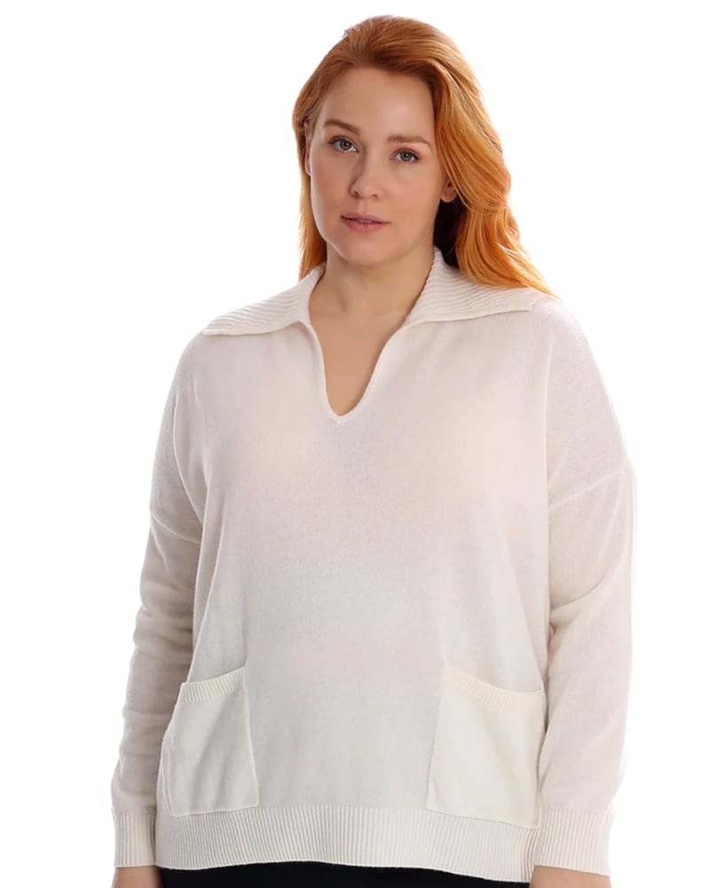 Front of a model wearing a size 3X Cashmere Polo V-neck w/ Pockets in White by Minnie Rose. | dia_product_style_image_id:303163